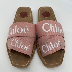 Chloe Woody Logo Canvas Crossover‎ Strap Slide Sandals Size 9.5 EU 40 Italy Made